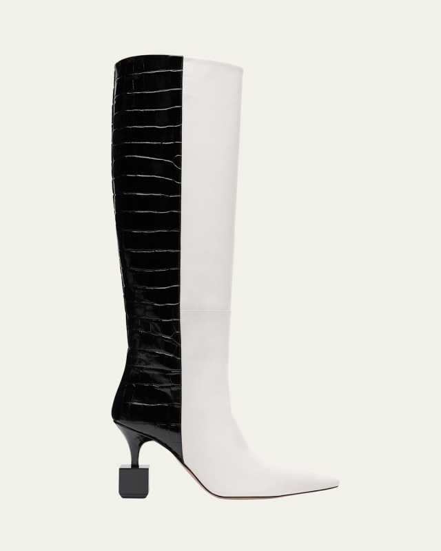 Mixed Leather Cube-Heel Knee Boots